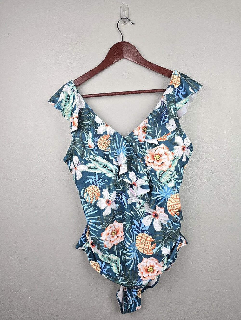 Blooming Jelly Tropical Print One-Piece Swimsuit‎ Ruffle Neckline Women Size XL - Picture 3 of 13